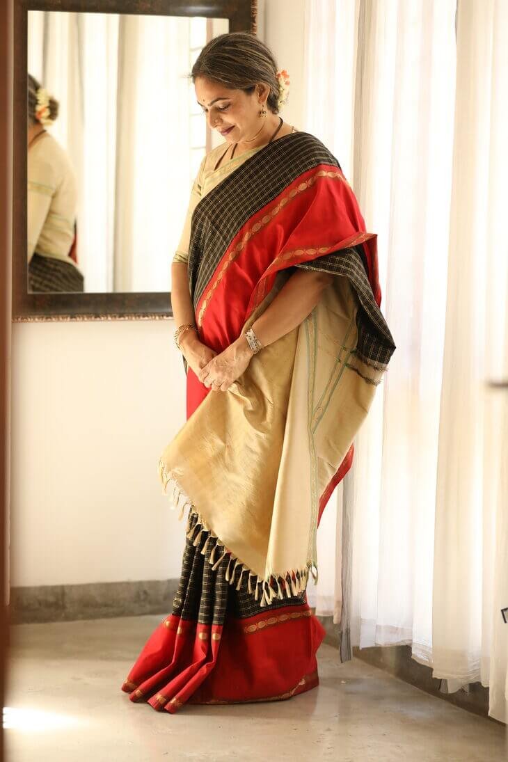 A Cream Black and Red Kanjeevaram Saree