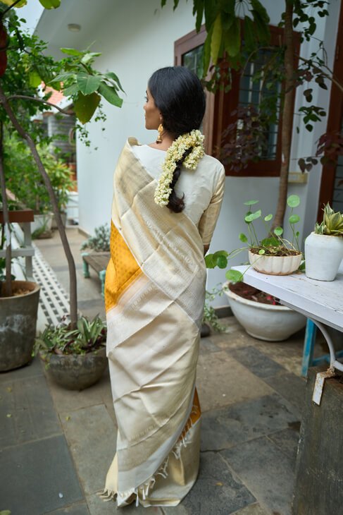 A Heritage Yellow and White Kanjeevaram Saree
