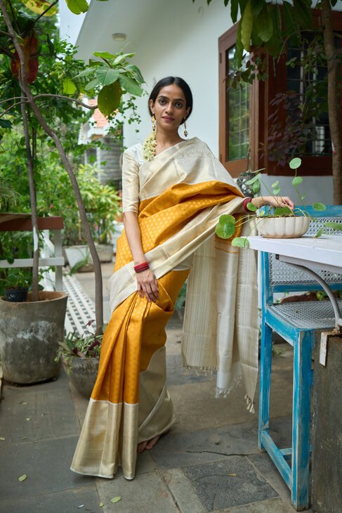 A Heritage Yellow and White Kanjeevaram Saree