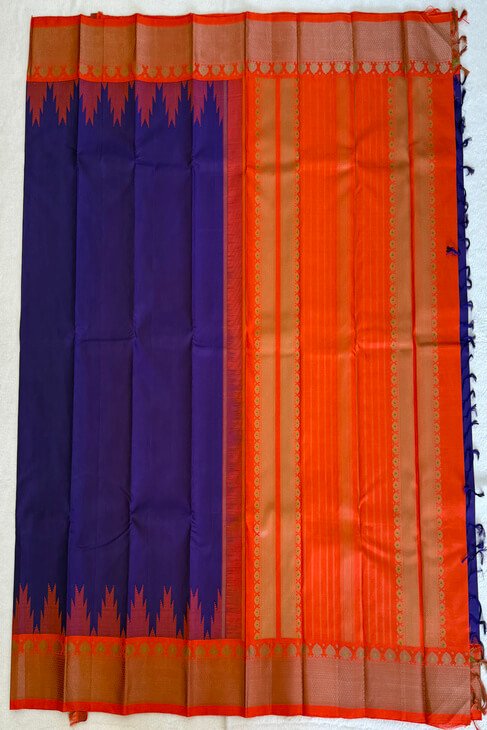 A Blue & Orange Thread Work Kanjeevaram