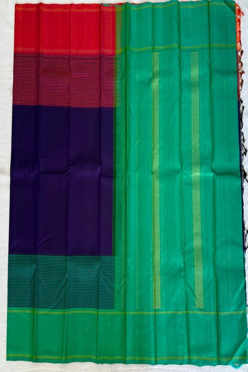A Ganga-Jamuna Blue/Green/Orange Thread Kanjeevaram Saree