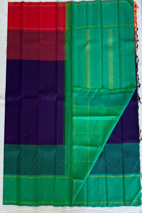 A Ganga-Jamuna Blue/Green/Orange Thread Kanjeevaram Saree