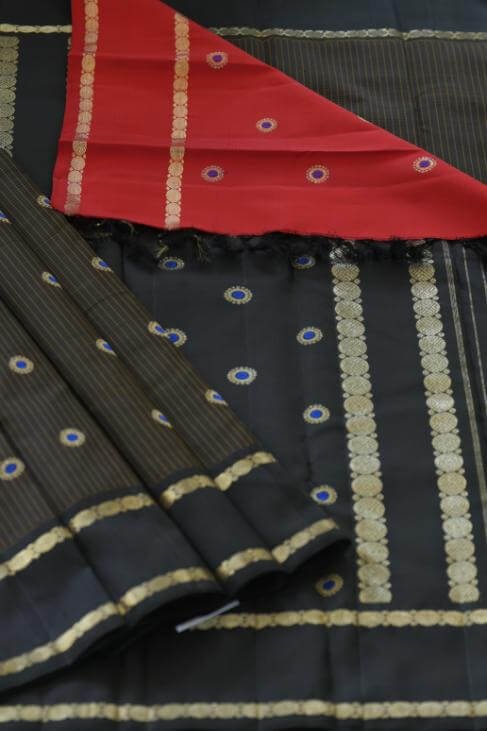 A Black & Red Meenakari Kanjeevaram Saree