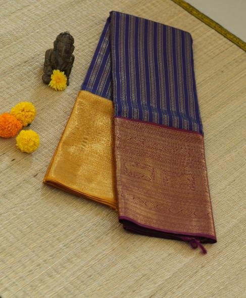 A Blue Mustard & Magenta Ganga-Jamuna Bridal Kanjeevaram Saree