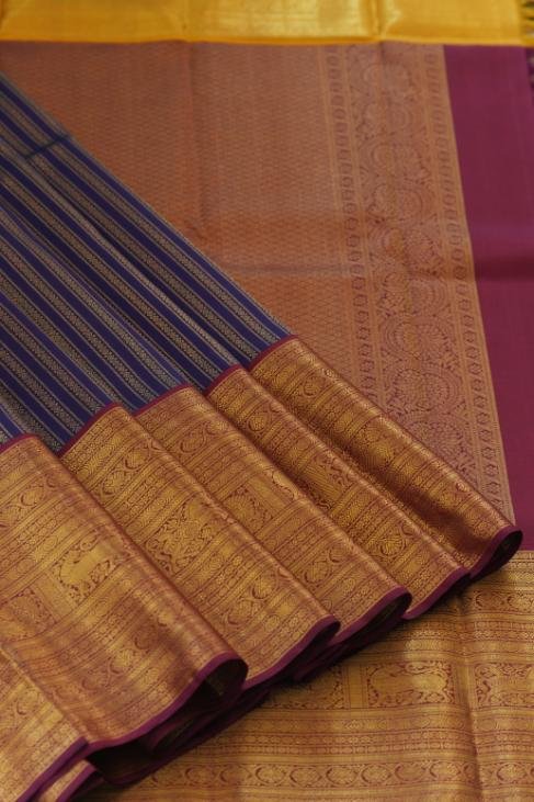 A Blue Mustard & Magenta Ganga-Jamuna Bridal Kanjeevaram Saree