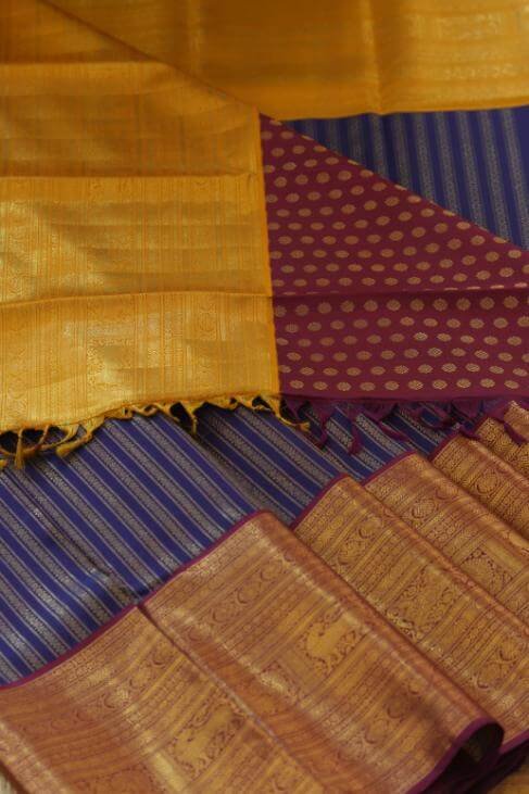 A Blue Mustard & Magenta Ganga-Jamuna Bridal Kanjeevaram Saree
