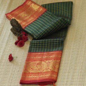 A Checked Green & Red Kanjeevaram Saree - Image 1