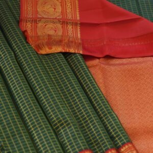 A Checked Green & Red Kanjeevaram Saree - Image 3