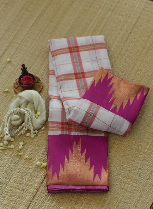 A Checked White & Pink Linen Kanjeevaram Saree