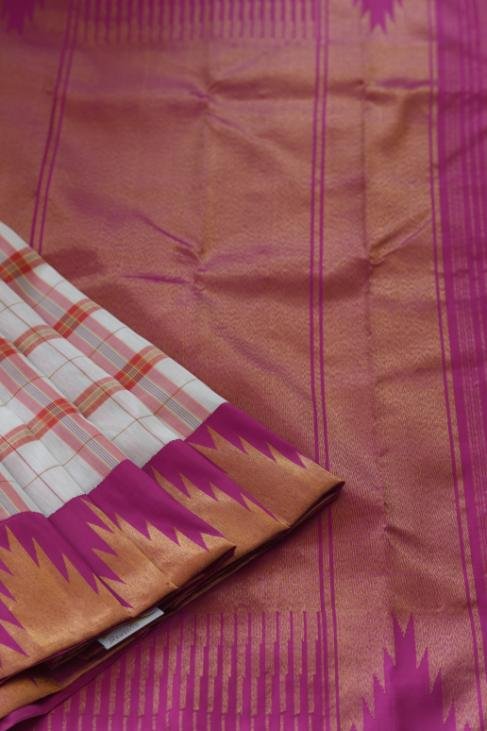 A Checked White & Pink Linen Kanjeevaram Saree