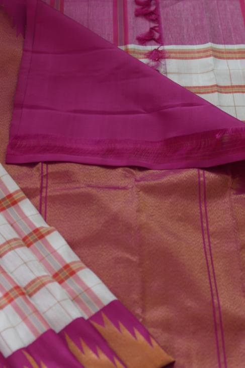 A Checked White & Pink Linen Kanjeevaram Saree