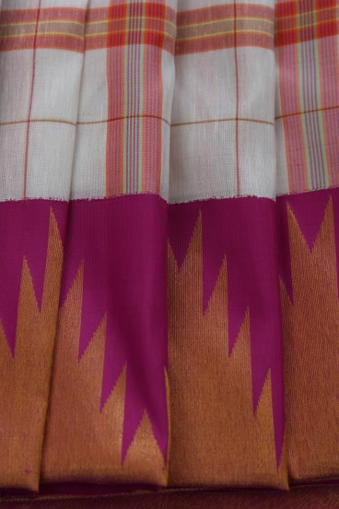 A Checked White & Pink Linen Kanjeevaram Saree