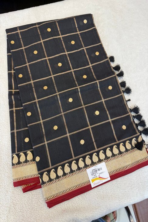 A Black Checked Mul Banarasi Saree_1