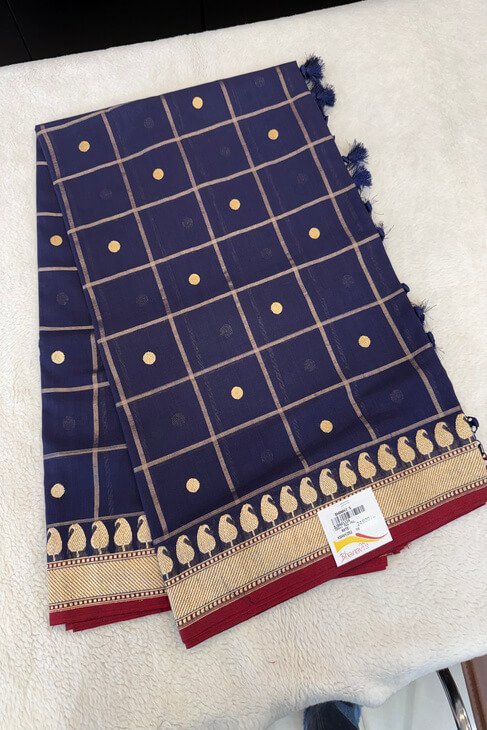 A Blue Checked Mul Banarasi Saree_1