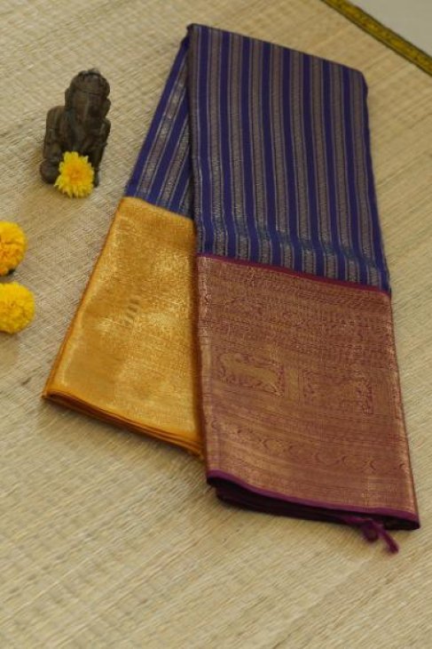A Blue Mustard Magenta Ganga-Jamuna Bridal Kanjeevaram Saree_1