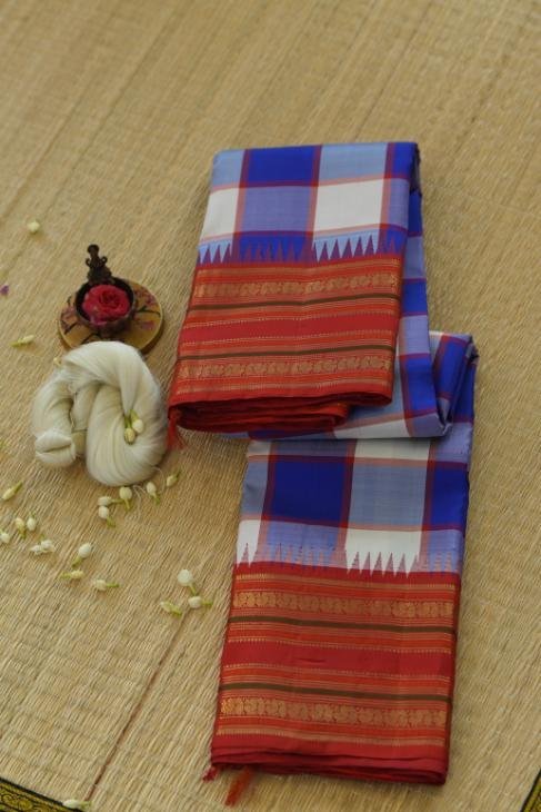 A Checked Blue White Red Kanjeevaram Saree_1