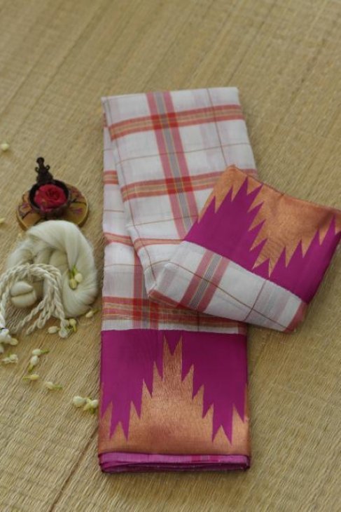 A Checked White Pink Linen Kanjeevaram Saree_1