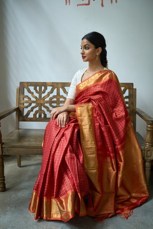 A Red Checked Kanjeevaram Saree_1