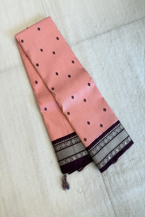 A Striped Peach Wine Thread Work Kanjeevaram Saree_1